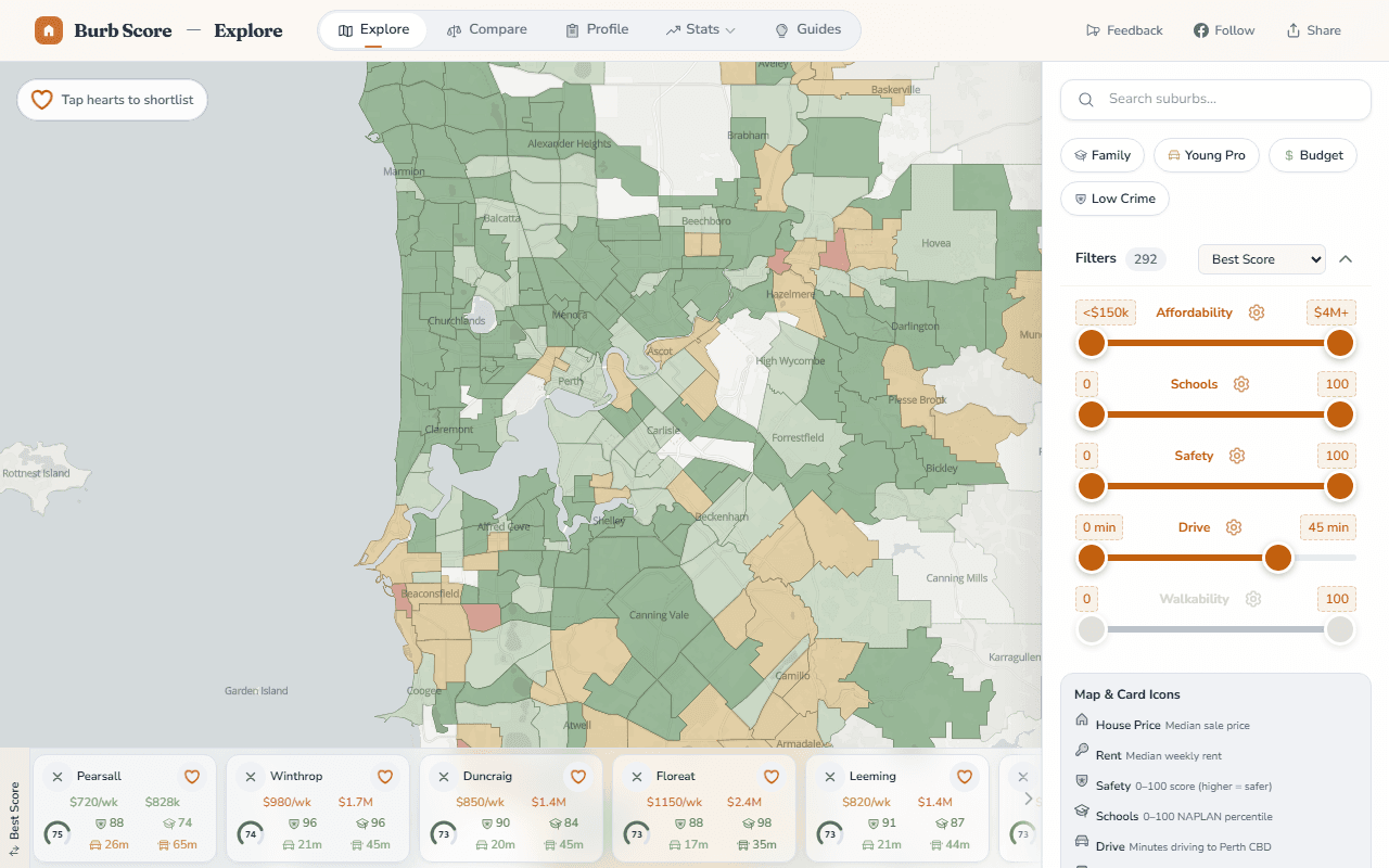 Interactive map explorer showing Perth suburbs colour-coded by score